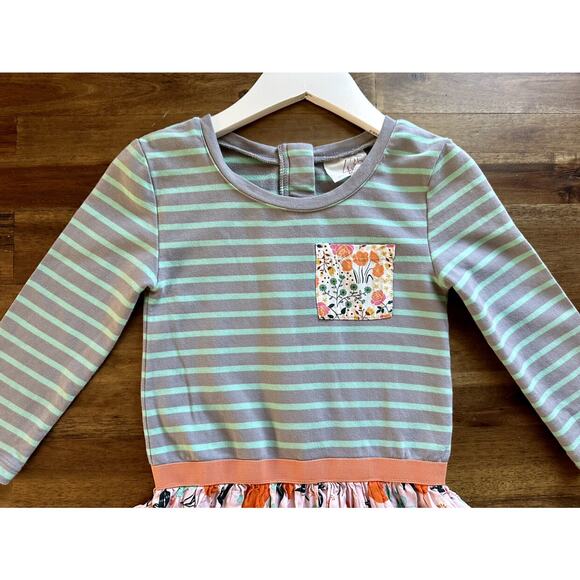 Matilda Jane Once Upon A Time Fresh Squeezed Orange Gray Blue Striped Dress 8 - Picture 3 of 7